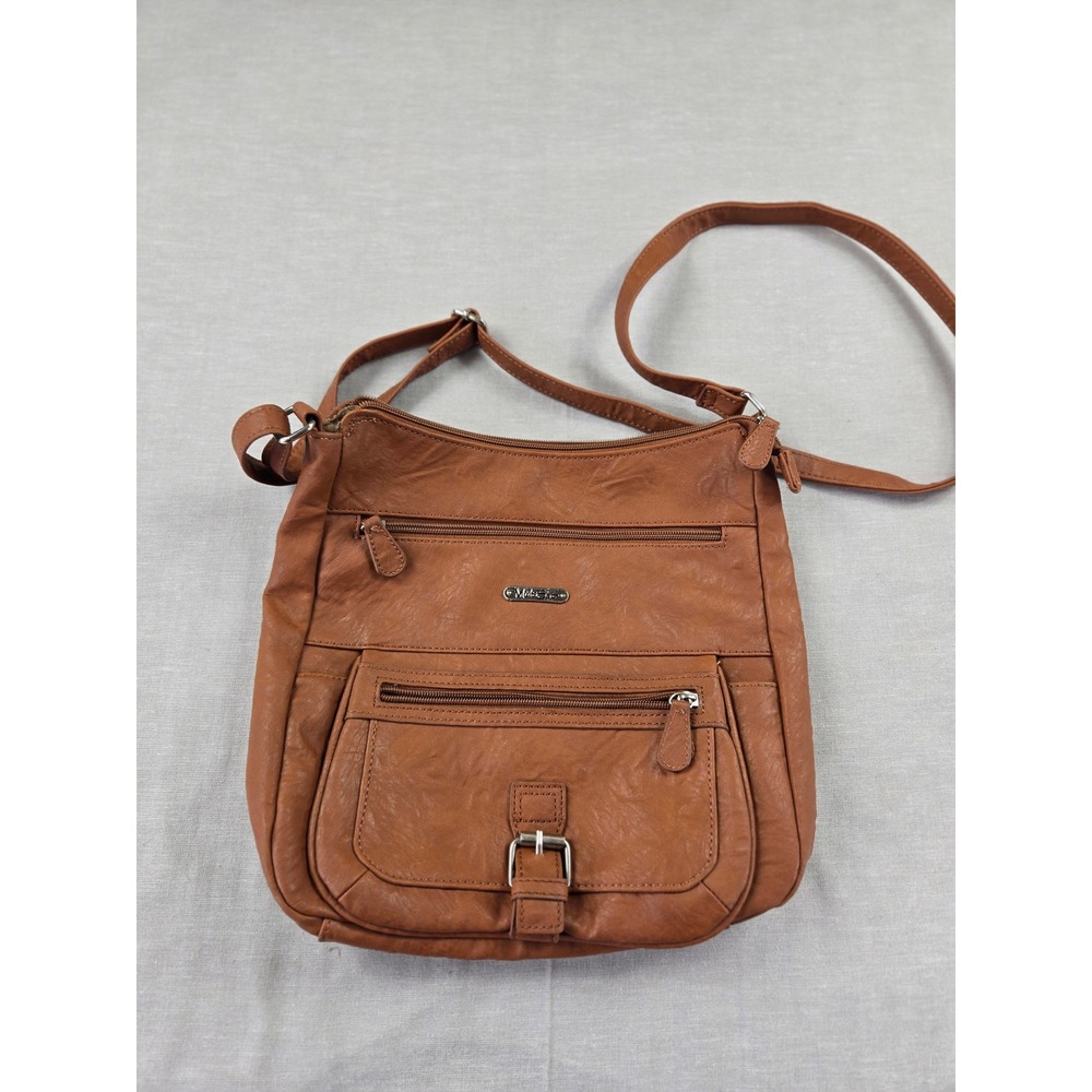 MultiSac Women Cognac Brown Faux Leather Multi-Pocket Crossbody Organizer Bag